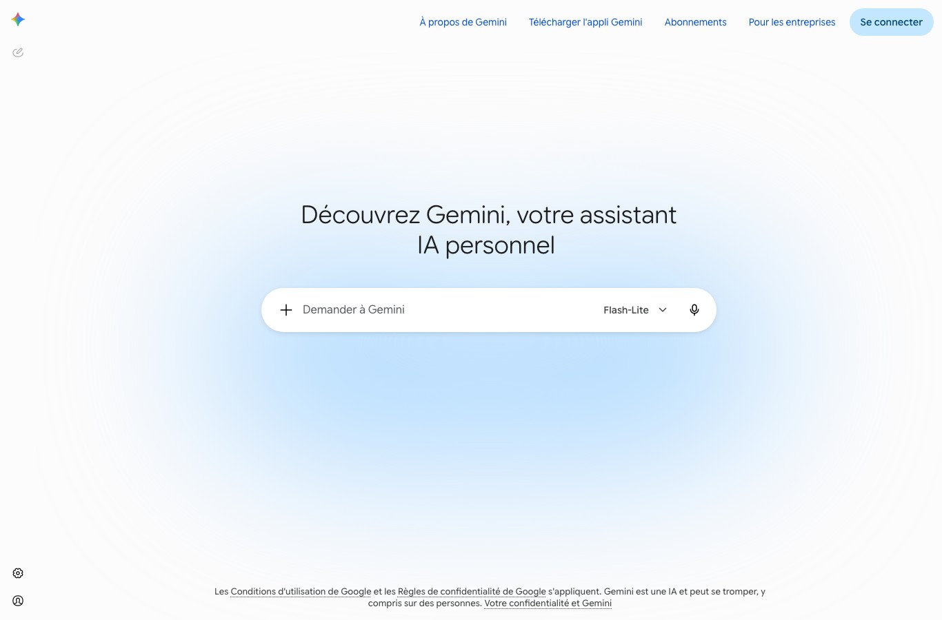 Page d'accueil de l'application Gemini en français