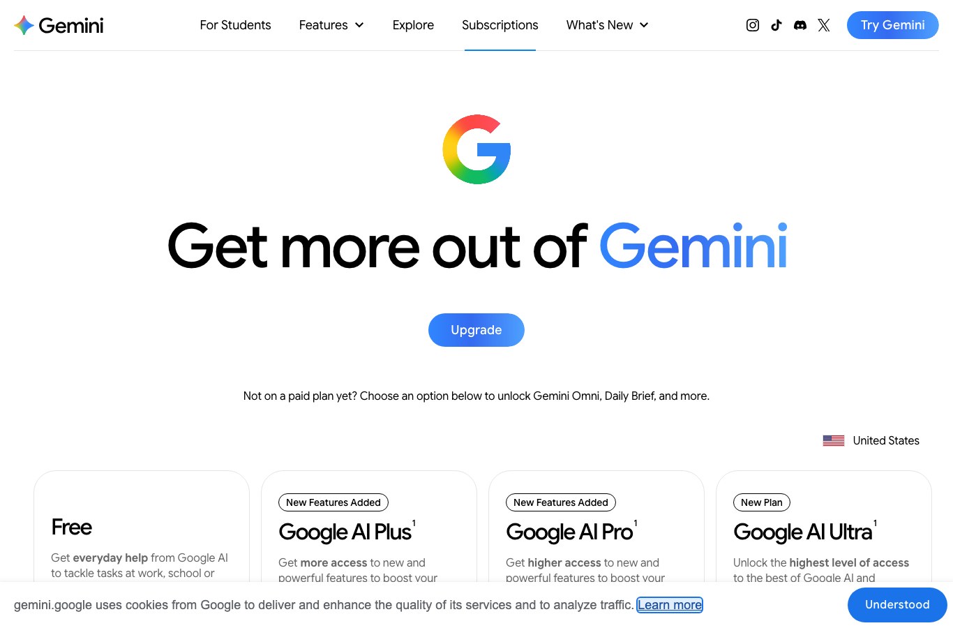 Official Gemini subscriptions page showing the four plans and their prices