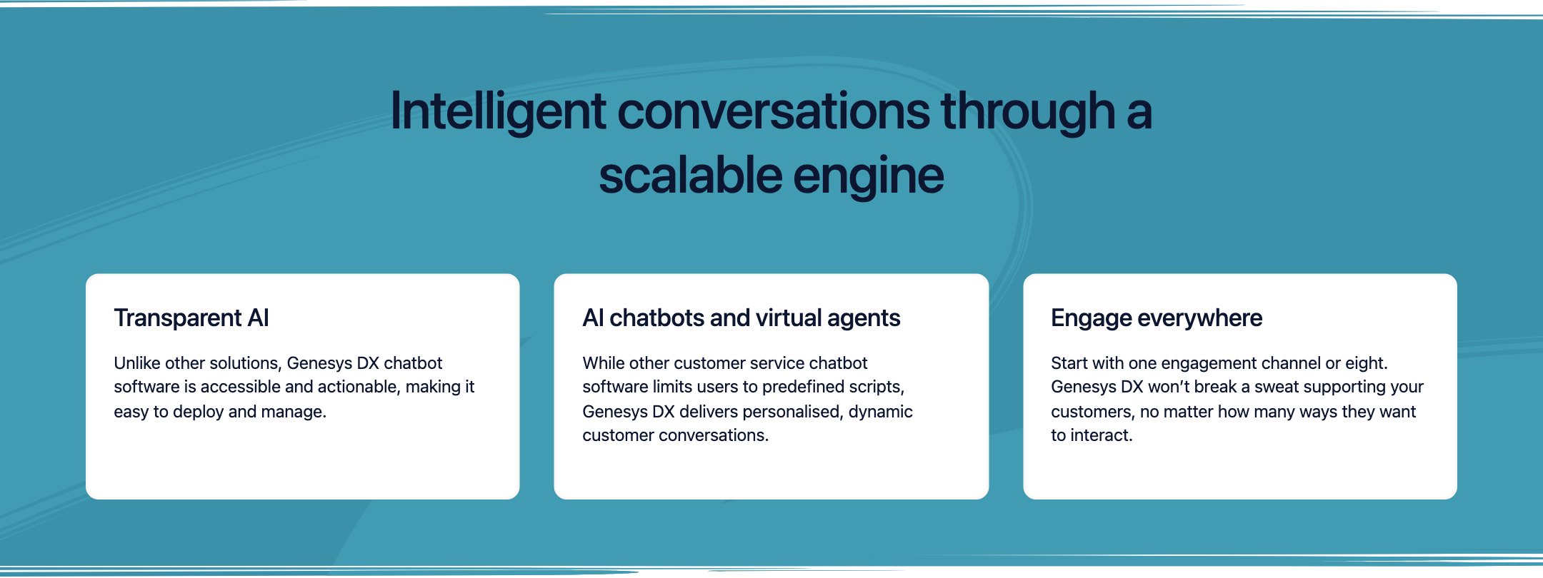 Screenshot of the Genesys AI chatbots page: intelligent conversations through a scalable engine, with three feature cards