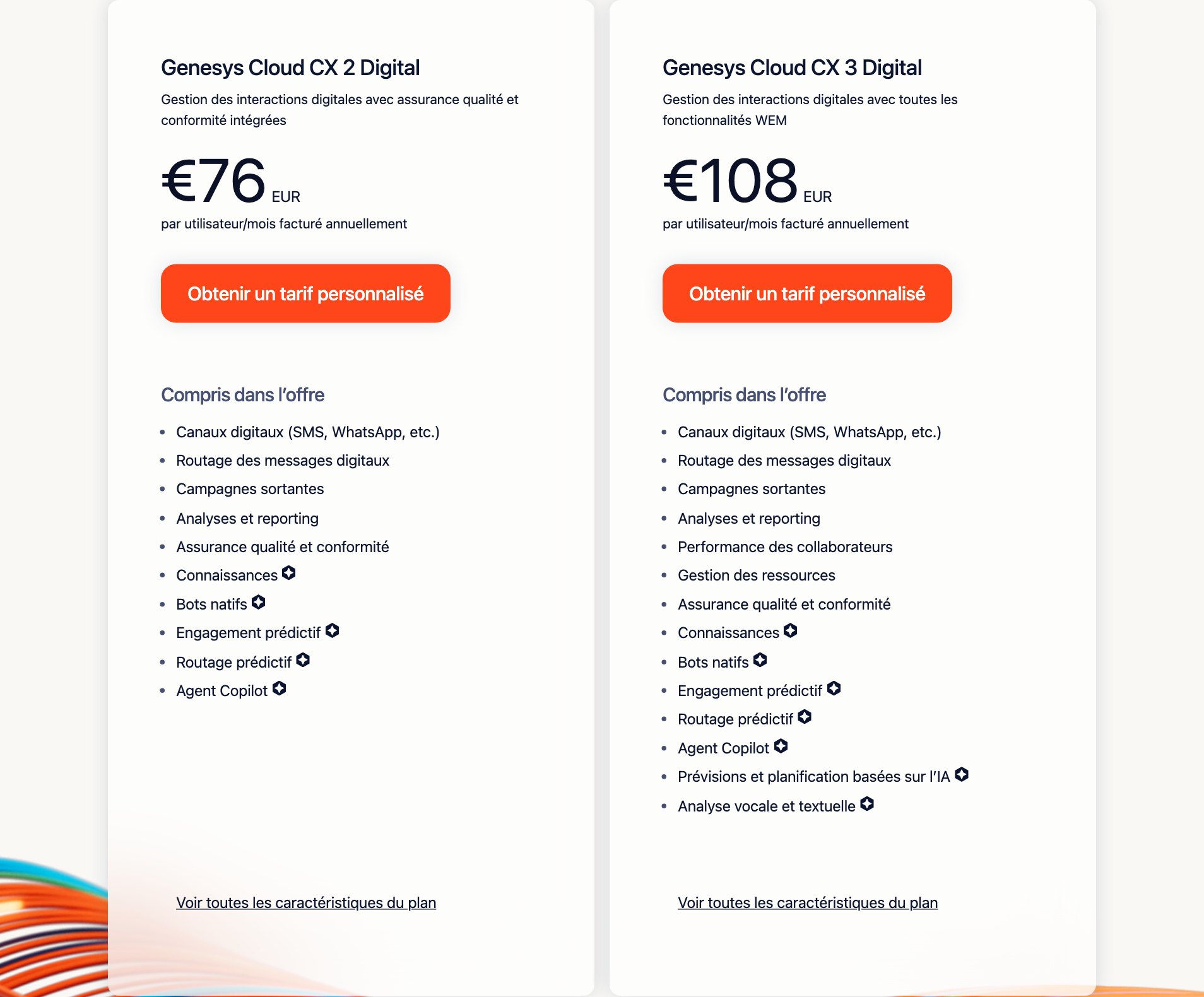 Capture des forfaits Genesys Cloud CX 2 Digital et CX 3 Digital en euros par utilisateur et par mois