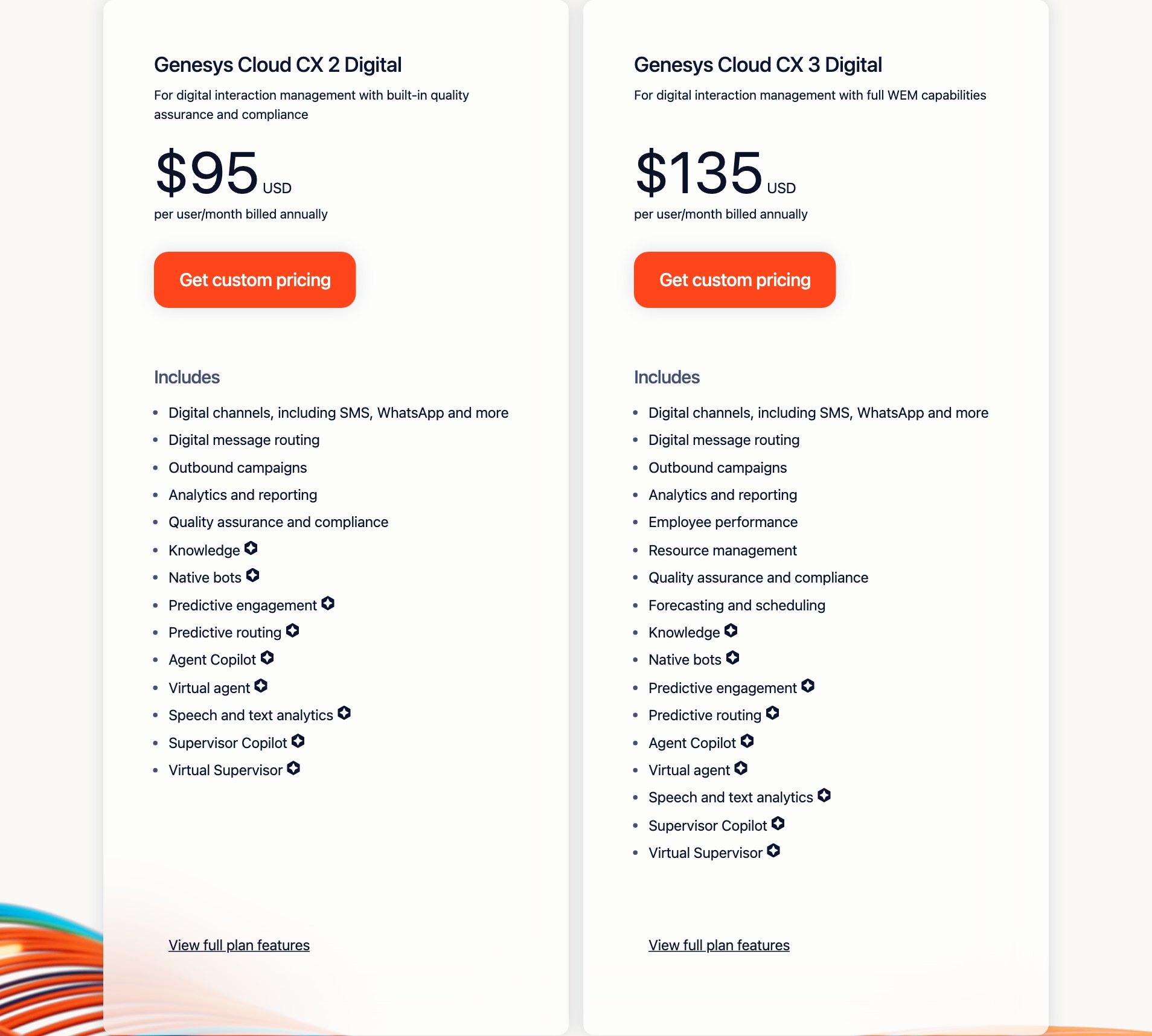 Screenshot of the Genesys Cloud CX 2 Digital and CX 3 Digital plans in US dollars per user per month