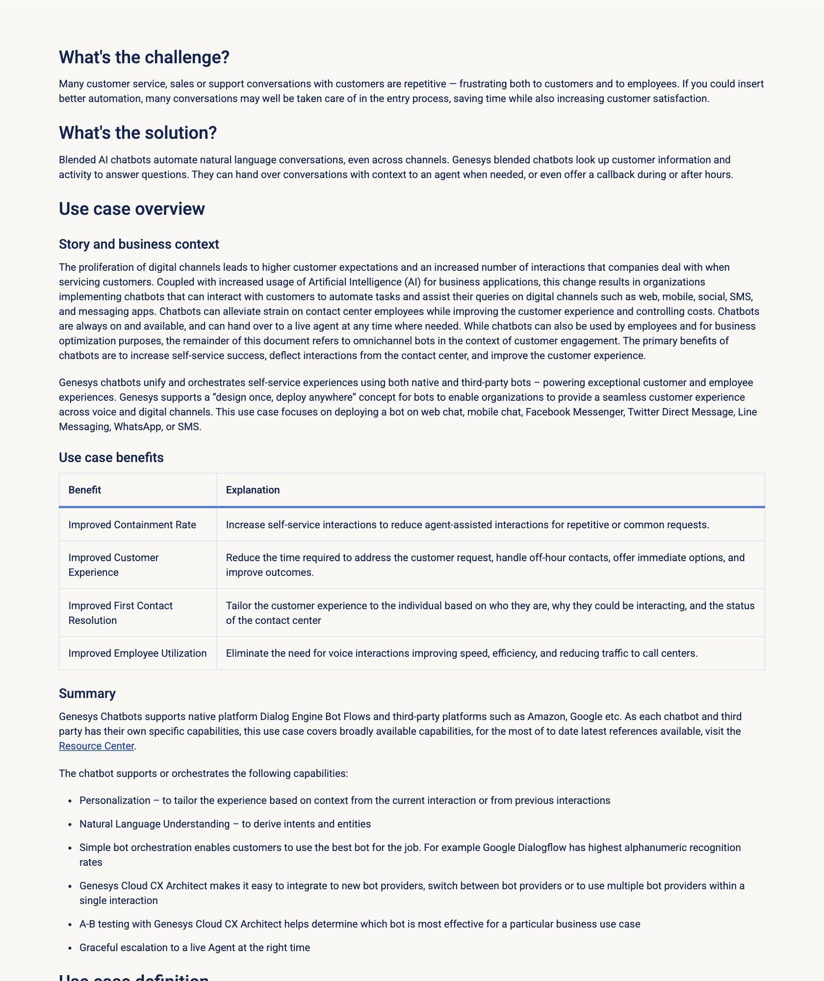 Capture du cas d'usage Genesys Chatbots dans la documentation Genesys Cloud, avec son tableau de benefices