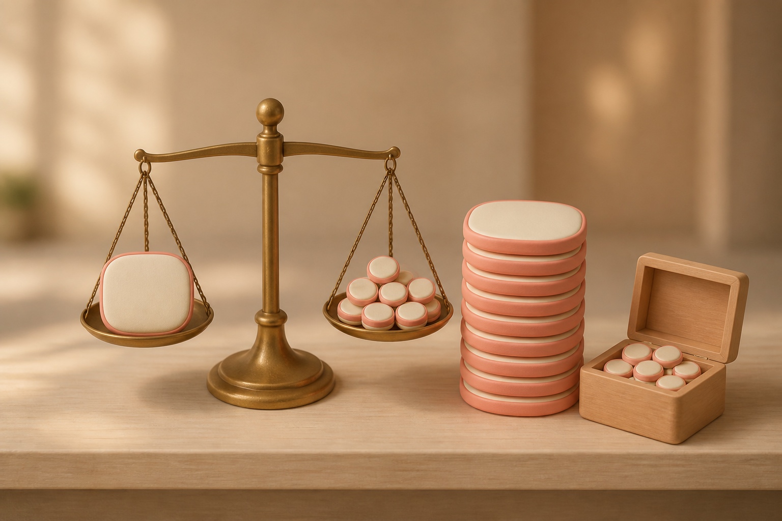 Balance en laiton comparant une tuile unique et une pile de pieces : la facturation au siege contre la facturation au credit
