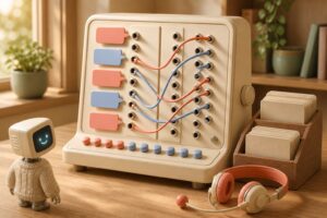 Console d'orchestration de conversations routées vers un chatbot, casque de centre de contact et robot assistant