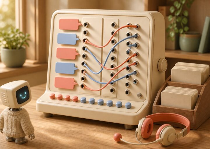 Console d'orchestration de conversations routées vers un chatbot, casque de centre de contact et robot assistant