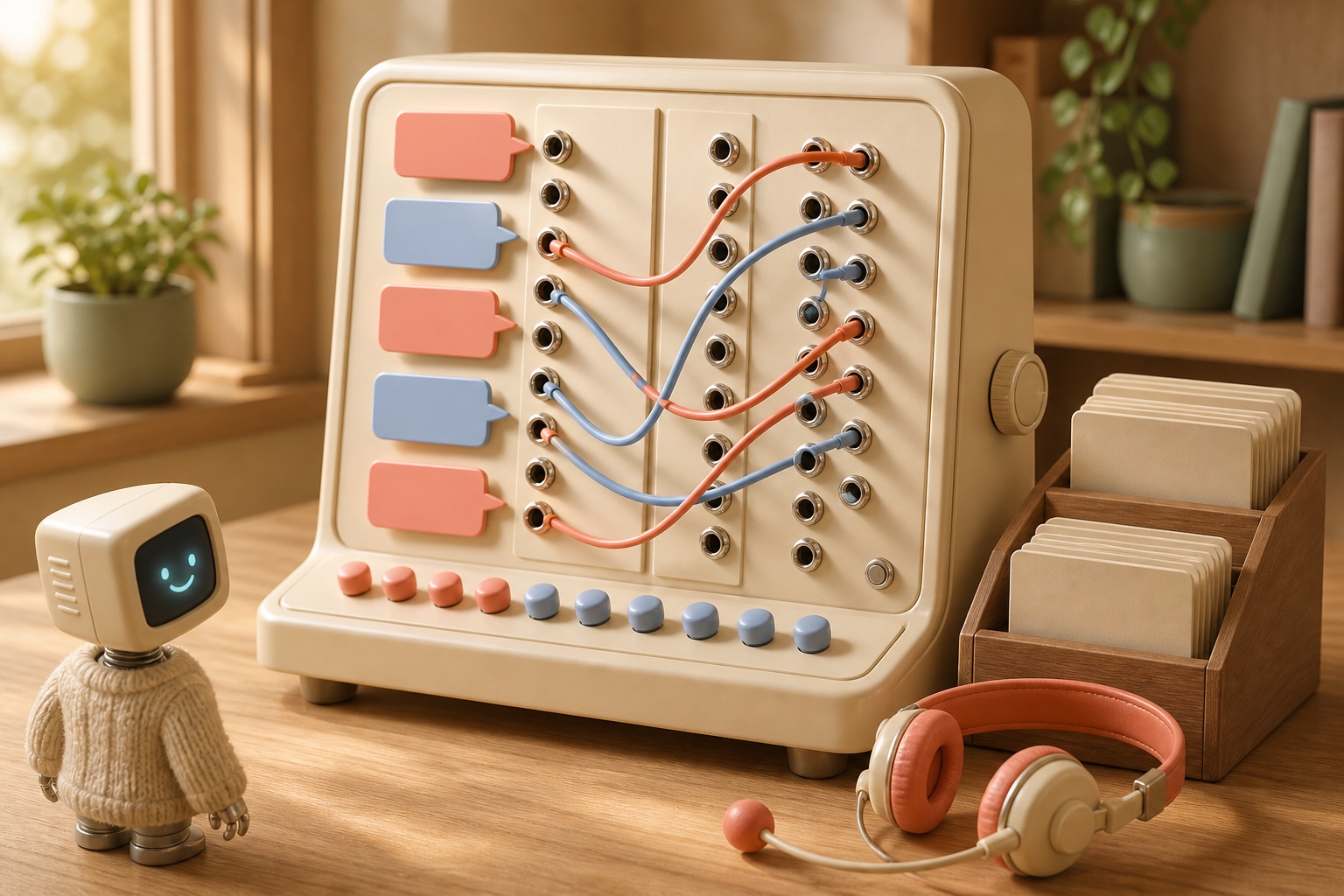 Console d'orchestration de conversations routées vers un chatbot, casque de centre de contact et robot assistant