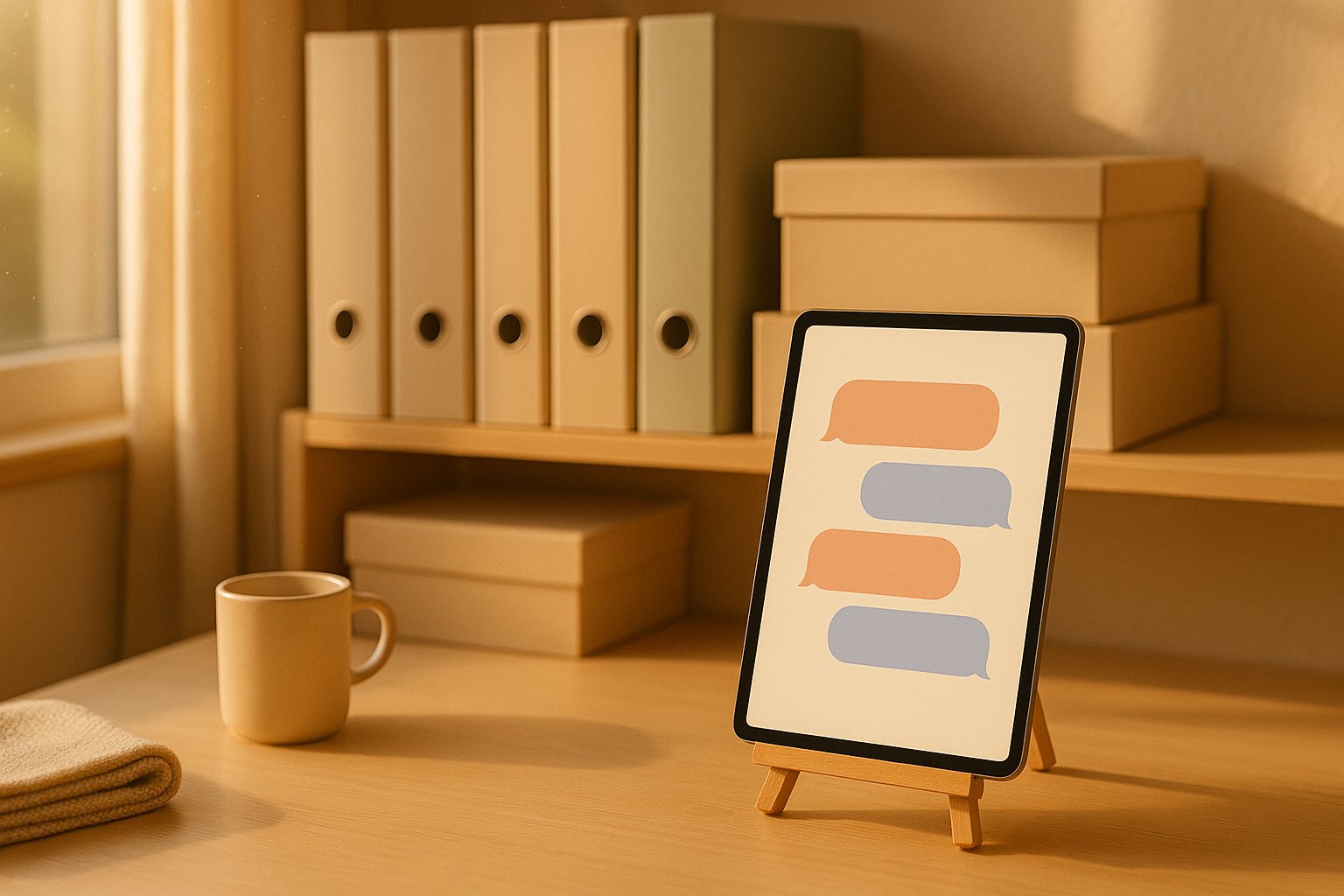 Desk with a shelf of binders and a tablet on a stand displaying empty chat bubbles