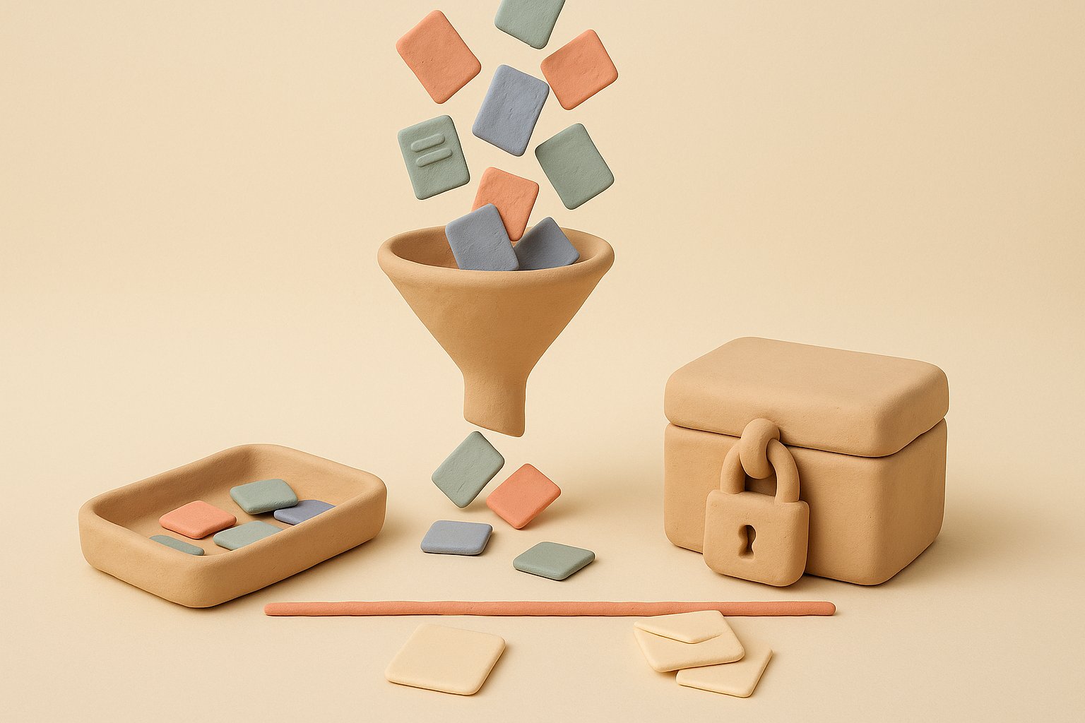 Illustration: documents fall into a funnel with a sieve, some land in an open tray, others stay locked inside a padlocked box