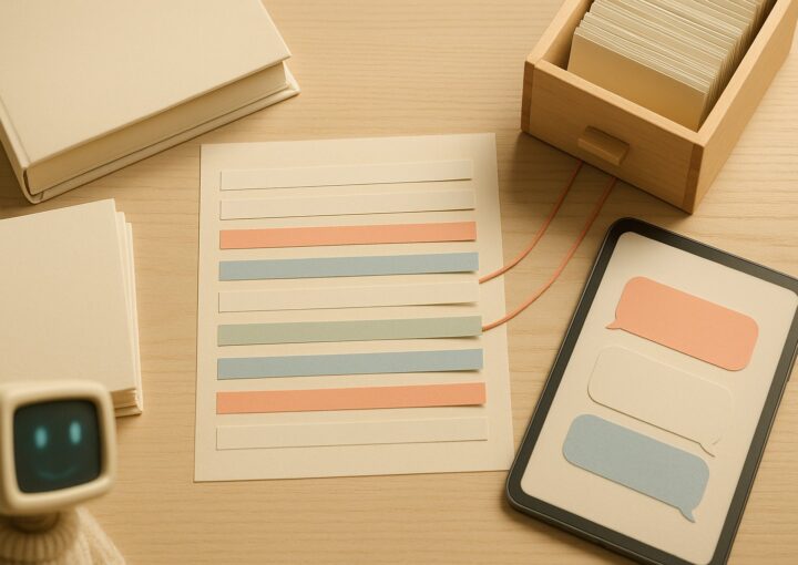 Vue de dessus d'un bureau : un document découpé en bandes colorées, un fichier à cartes et une tablette affichant des bulles de conversation vides