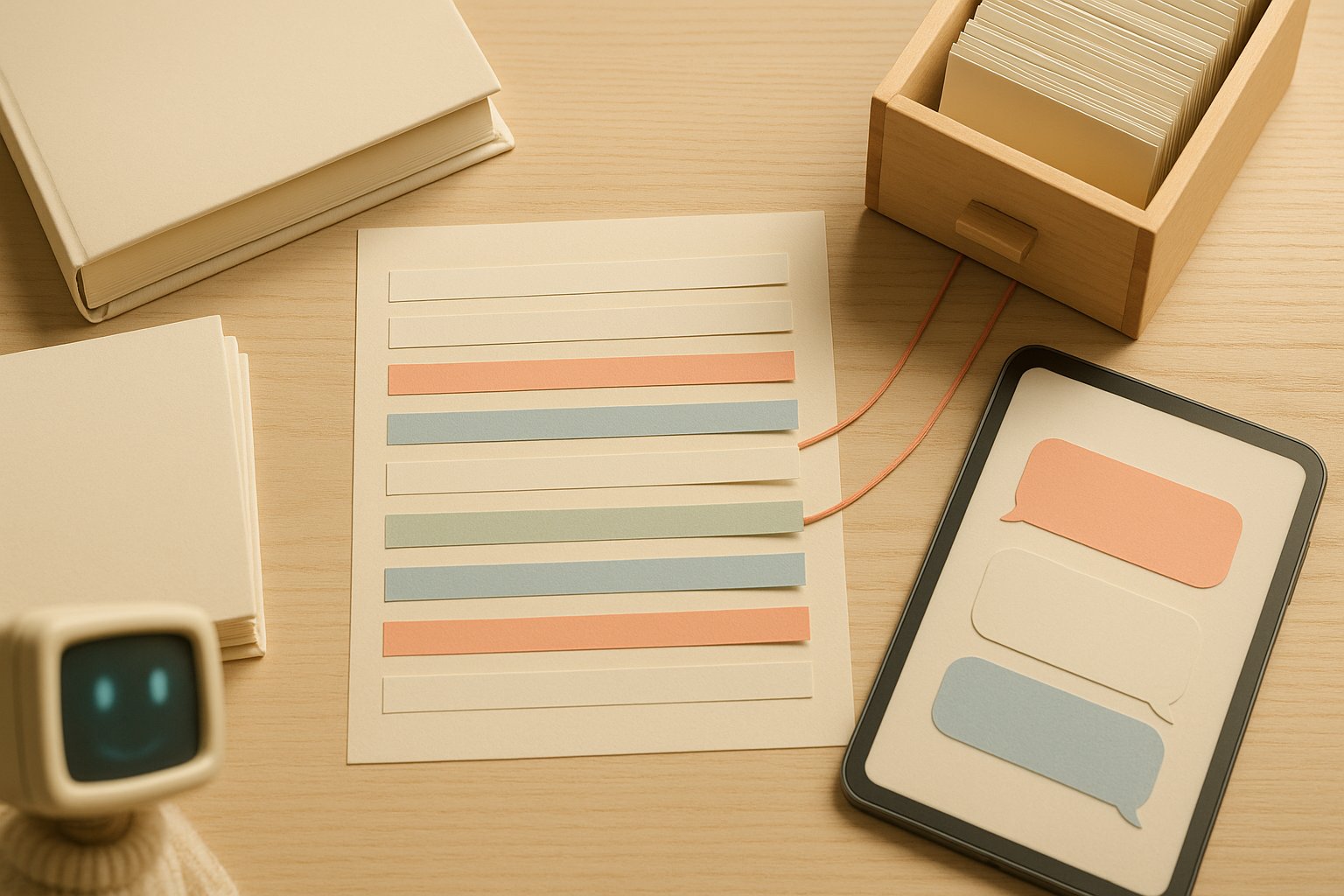 Vue de dessus d'un bureau : un document découpé en bandes colorées, un fichier à cartes et une tablette affichant des bulles de conversation vides