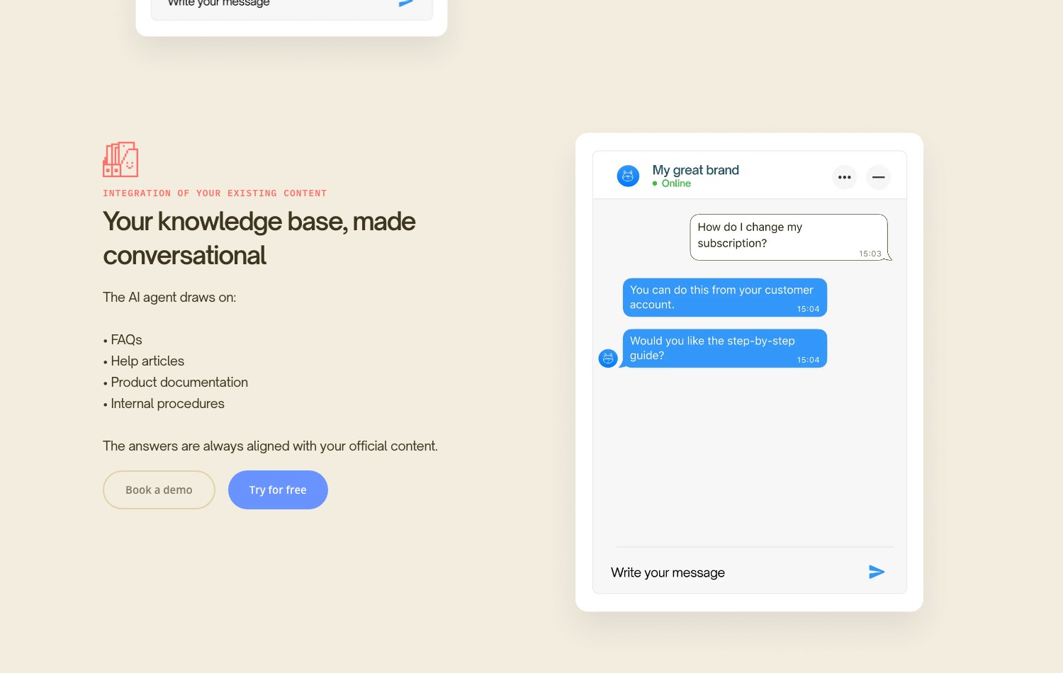 Botnation FAQ product page: the AI agent draws on FAQs, help articles, product documentation and internal procedures