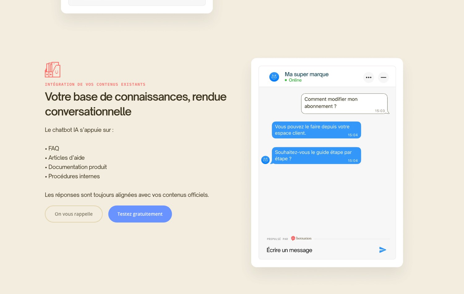 Page produit FAQ de Botnation : le chatbot IA s’appuie sur les FAQ, les articles d’aide, la documentation produit et les procédures internes