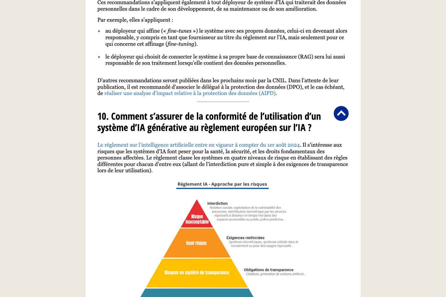 Page from the French data protection authority stating that the deployer connecting the system to its own RAG knowledge base is responsible for that processing, with the AI Act risk pyramid