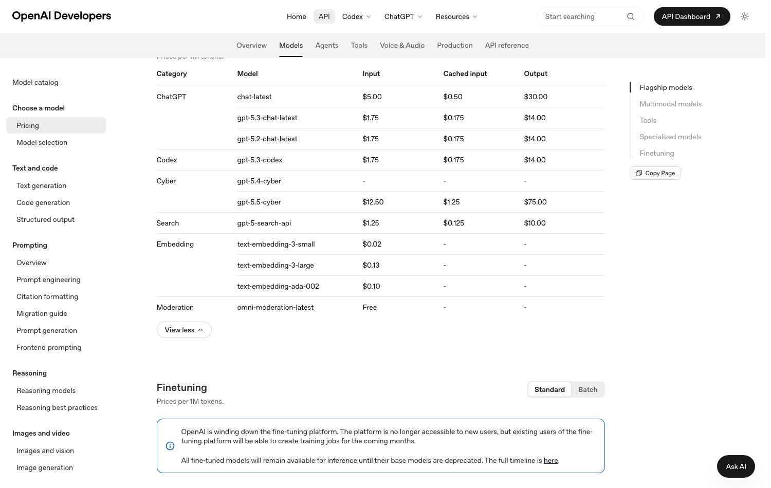 OpenAI pricing table showing the embedding models text-embedding-3-small at 0.02 dollars, 3-large at 0.13 dollars and ada-002 at 0.10 dollars per million tokens
