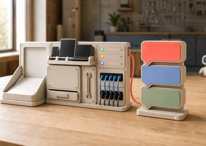 Console de gestion des services informatiques reliée à trois modules de conversation, mascotte Botnation en arrière-plan