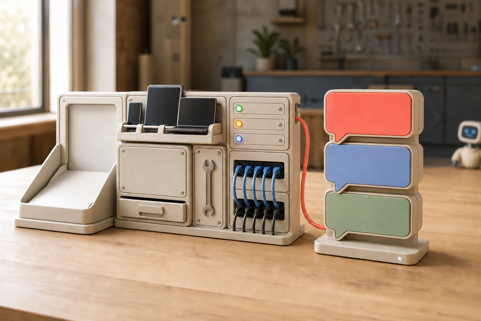 Console de gestion des services informatiques reliée à trois modules de conversation, mascotte Botnation en arrière-plan