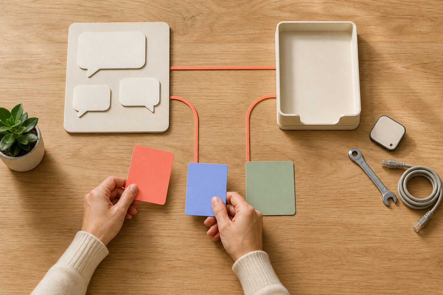 Two hands sort requests between a chatbot module and an IT support processing tray