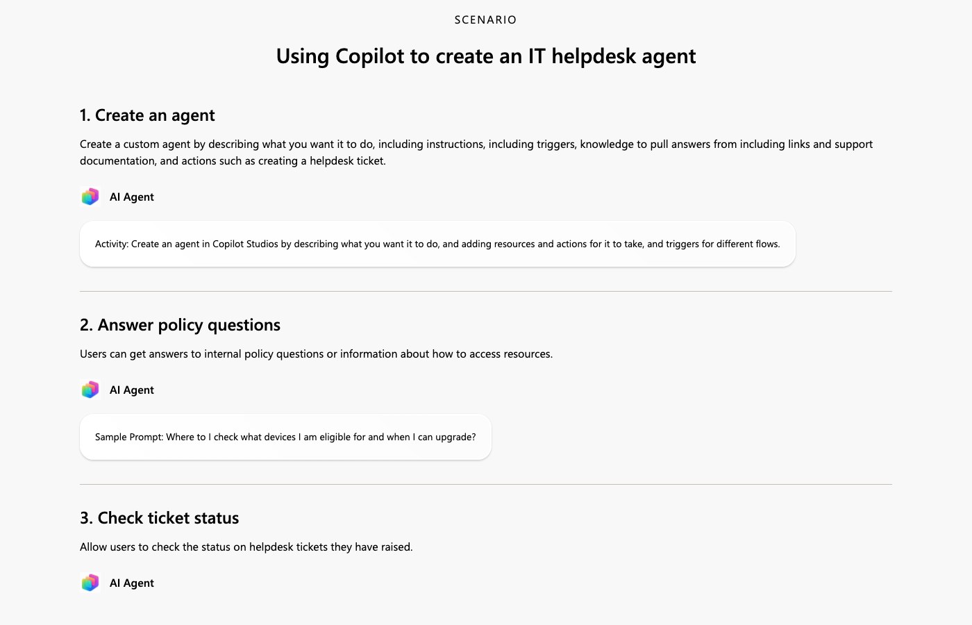 Screenshot of the Microsoft scenario library showing the steps of an IT helpdesk agent built with Copilot