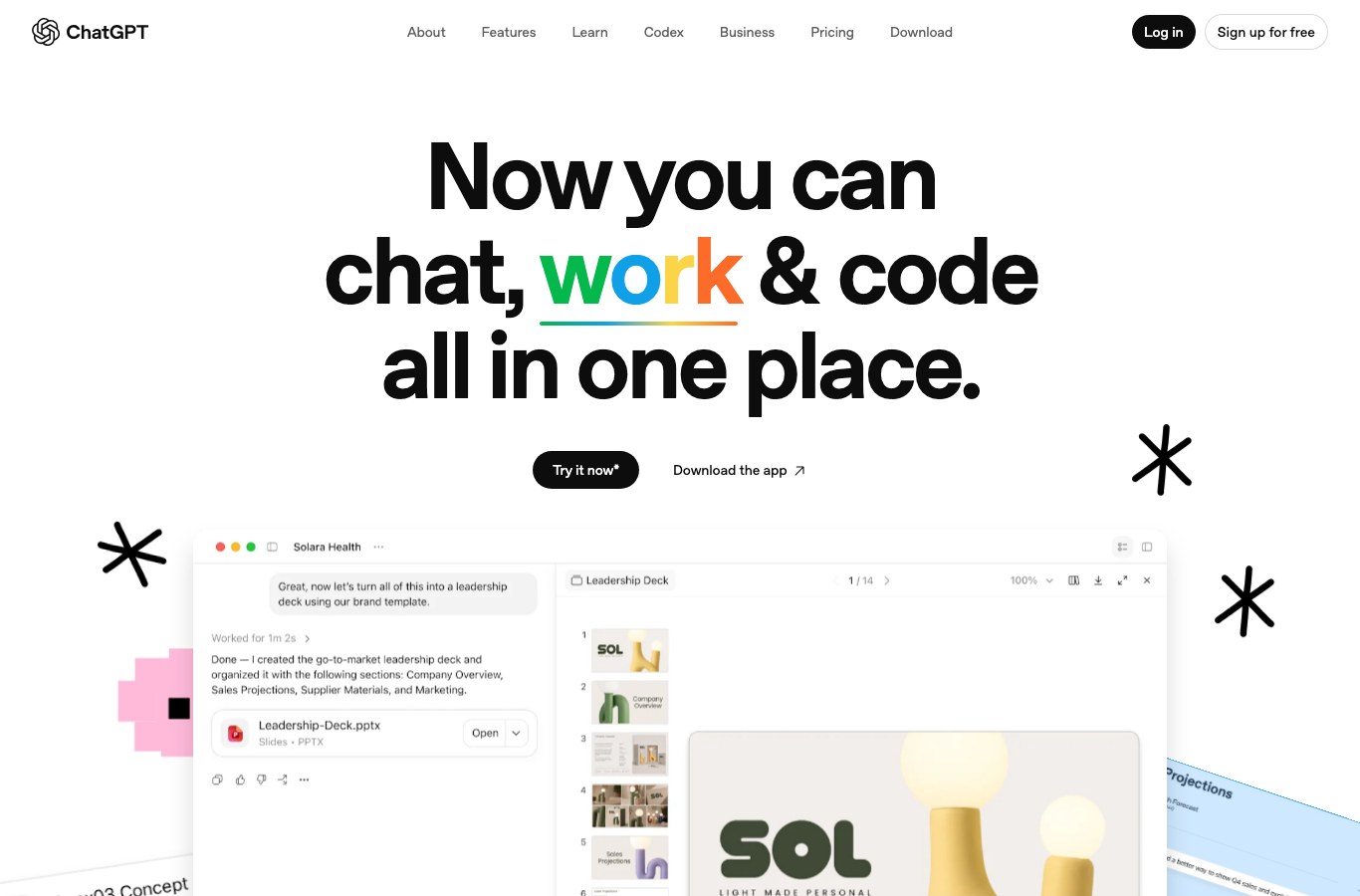 Official ChatGPT page in English, with the navigation bar and the assistant message claiming talking, working and coding in one place