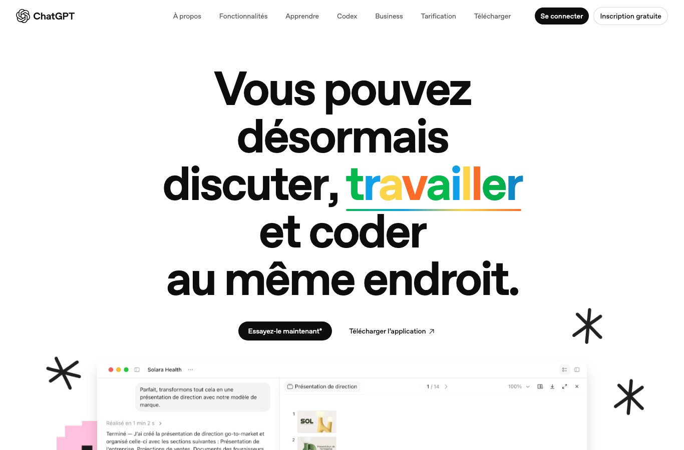 Page officielle de ChatGPT en français, avec la barre de navigation et le message de l'assistant qui revendique la discussion, le travail et le code au même endroit
