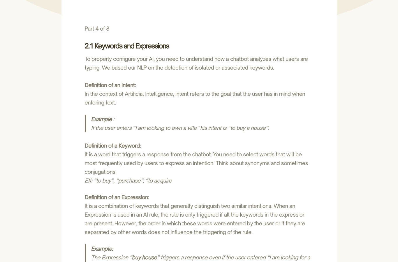 Screenshot of the official Botnation documentation about artificial intelligence, with the keywords and expressions section