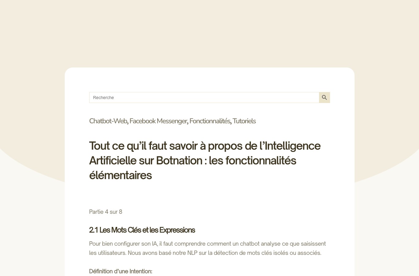 Capture de la documentation officielle Botnation sur l intelligence artificielle, avec la section sur les mots clés et expressions