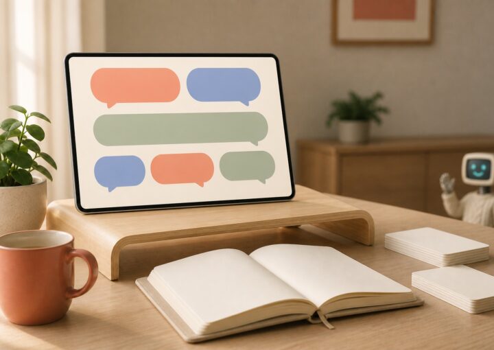 Tablette sur un bureau en bois clair affichant six bulles de conversation vierges corail, bleu et vert sauge, avec un petit robot rétro à tête de moniteur CRT crème flou en arrière-plan à droite