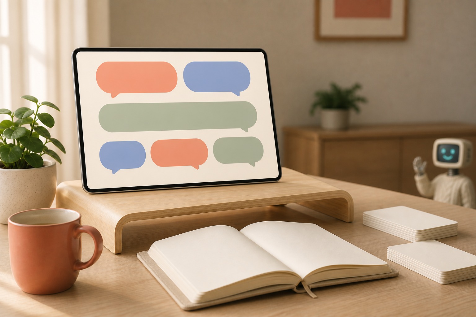 Tablette sur un bureau en bois clair affichant six bulles de conversation vierges corail, bleu et vert sauge, avec un petit robot rétro à tête de moniteur CRT crème flou en arrière-plan à droite