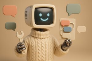 Mascotte Botnation assemblant un scenario de chatbot avec des bulles de conversation