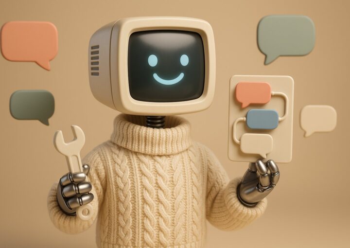 Mascotte Botnation assemblant un scenario de chatbot avec des bulles de conversation