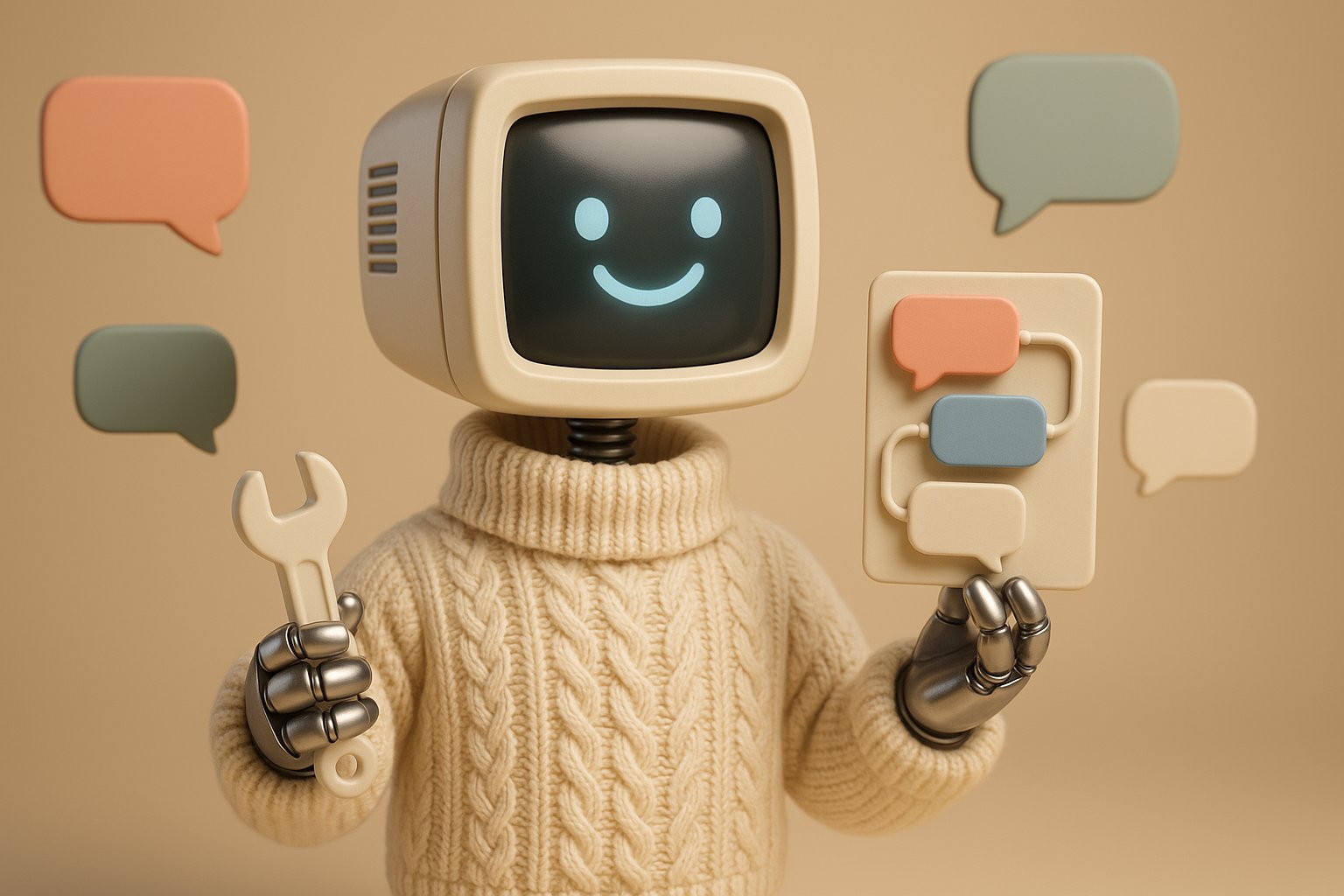 Mascotte Botnation assemblant un scenario de chatbot avec des bulles de conversation