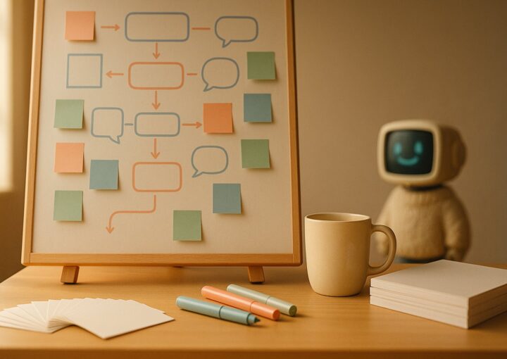 Paperboard couvert d un scénario de chatbot dessiné à la main dans une salle de formation