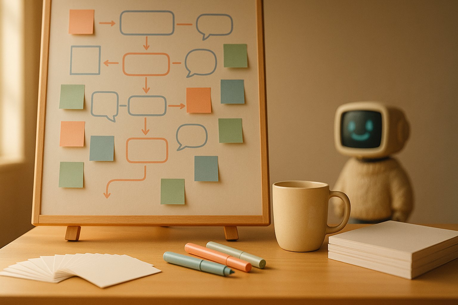 Paperboard couvert d un scénario de chatbot dessiné à la main dans une salle de formation