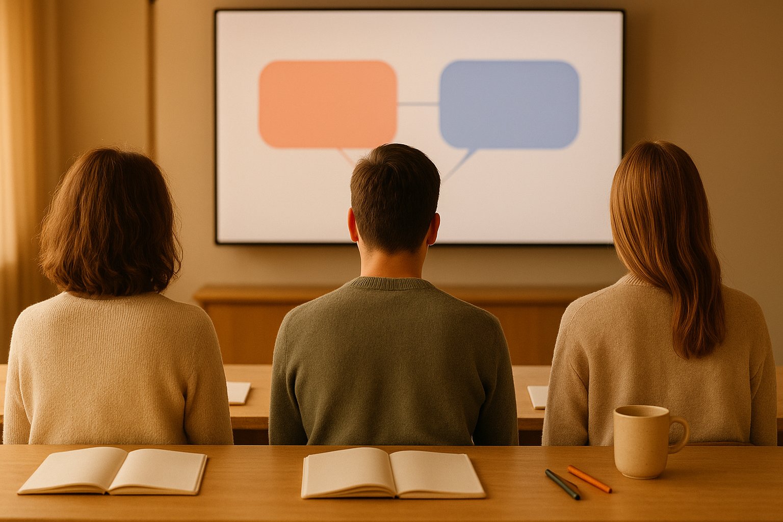 Trois personnes de dos en session de formation devant un écran affichant des bulles de conversation