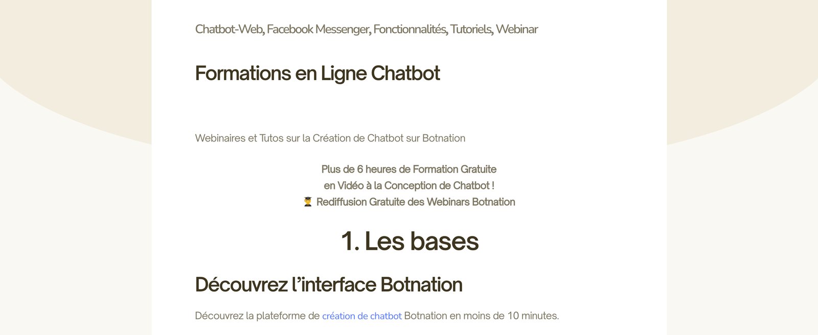 Capture de la page Formations en Ligne Chatbot de Botnation annonçant plus de 6 heures de vidéo gratuite