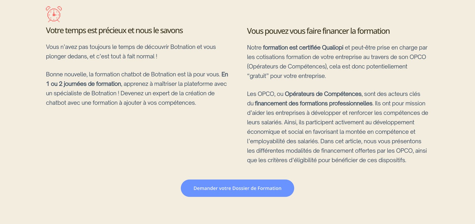 Capture de la page Formation de Botnation montrant la certification Qualiopi et les logos des OPCO