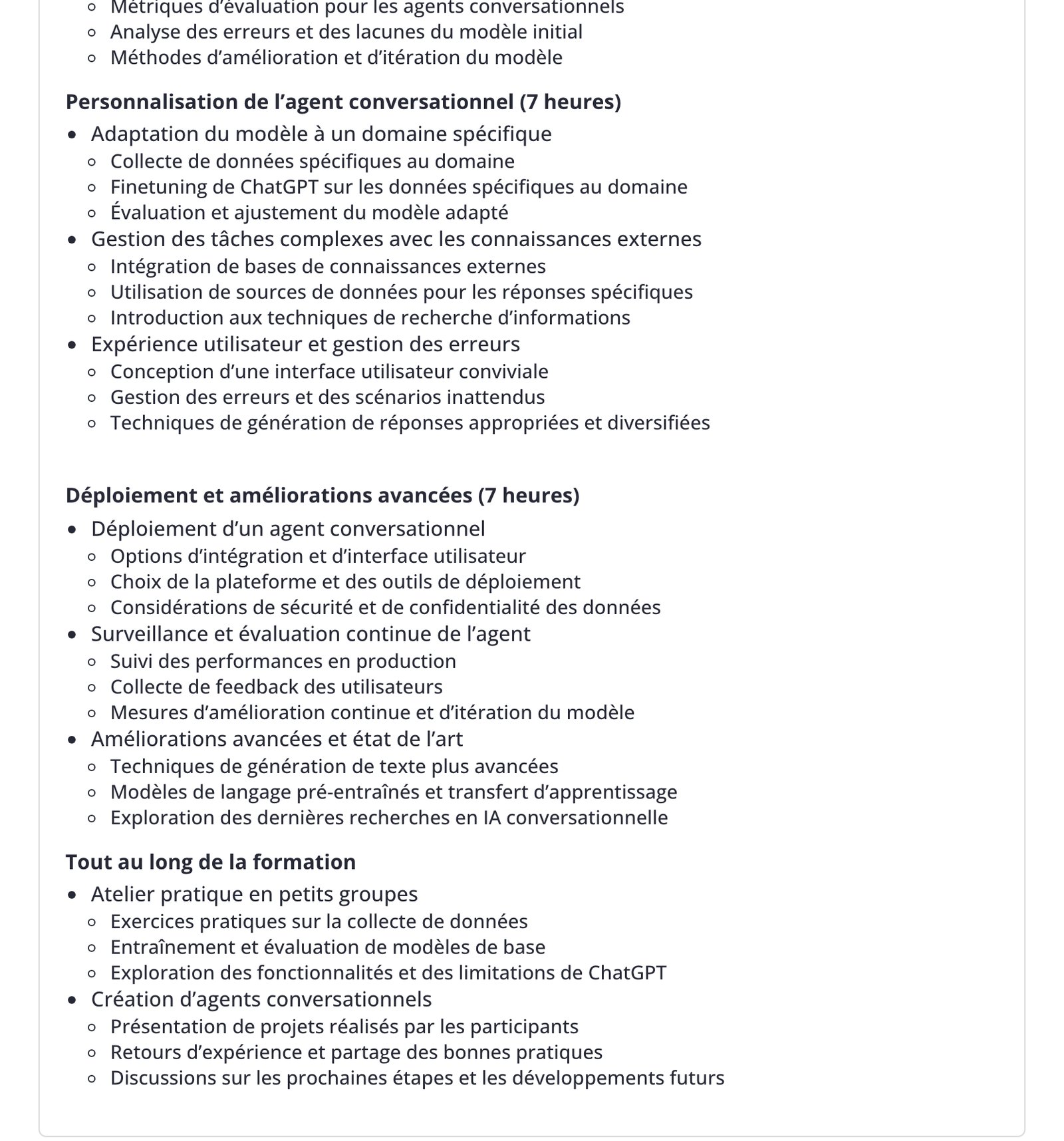 Capture du programme détaillé d une formation chatbot avancée montrant les modules de personnalisation et de déploiement