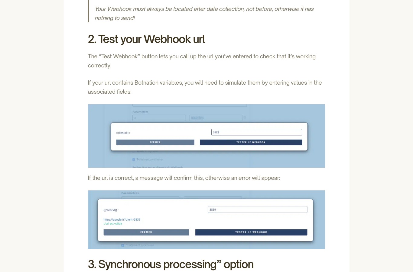 Botnation platform webhook tester interface, with parameter fields and the Test Webhook button