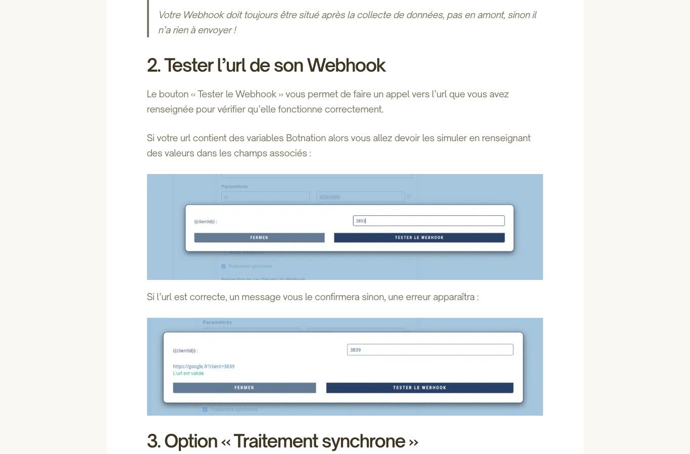 Interface du testeur de webhook de la plateforme Botnation, avec les champs de paramètres et le bouton Tester le Webhook