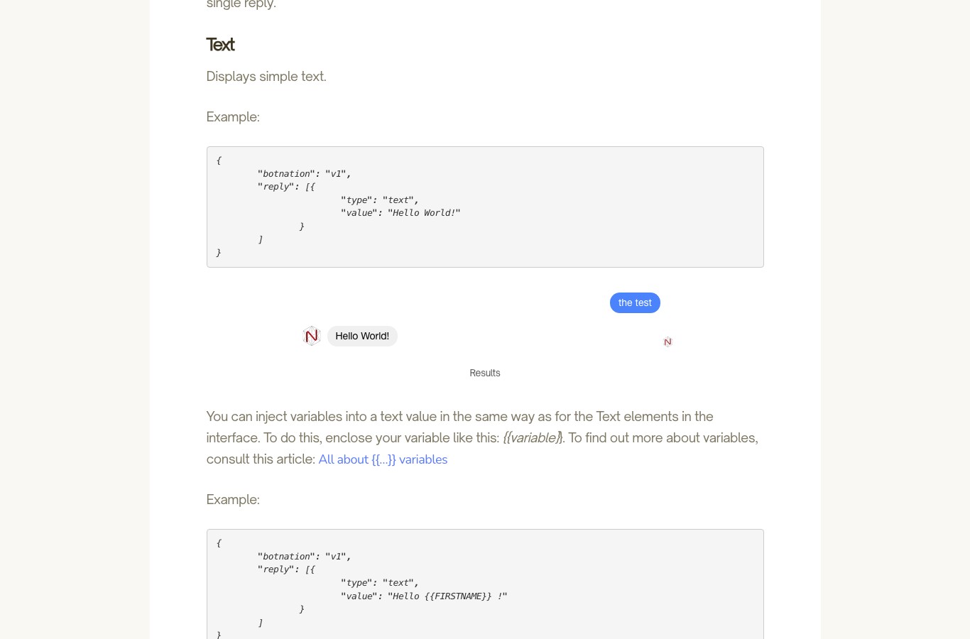 Botnation support documentation showing the JSON reply format with the botnation v1 key and the reply array