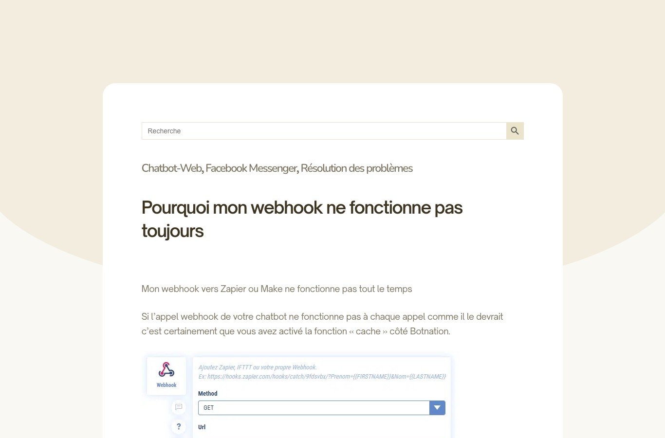 Page d'aide de Botnation : pourquoi mon webhook ne fonctionne pas toujours, avec l'aperçu de l'élément Webhook