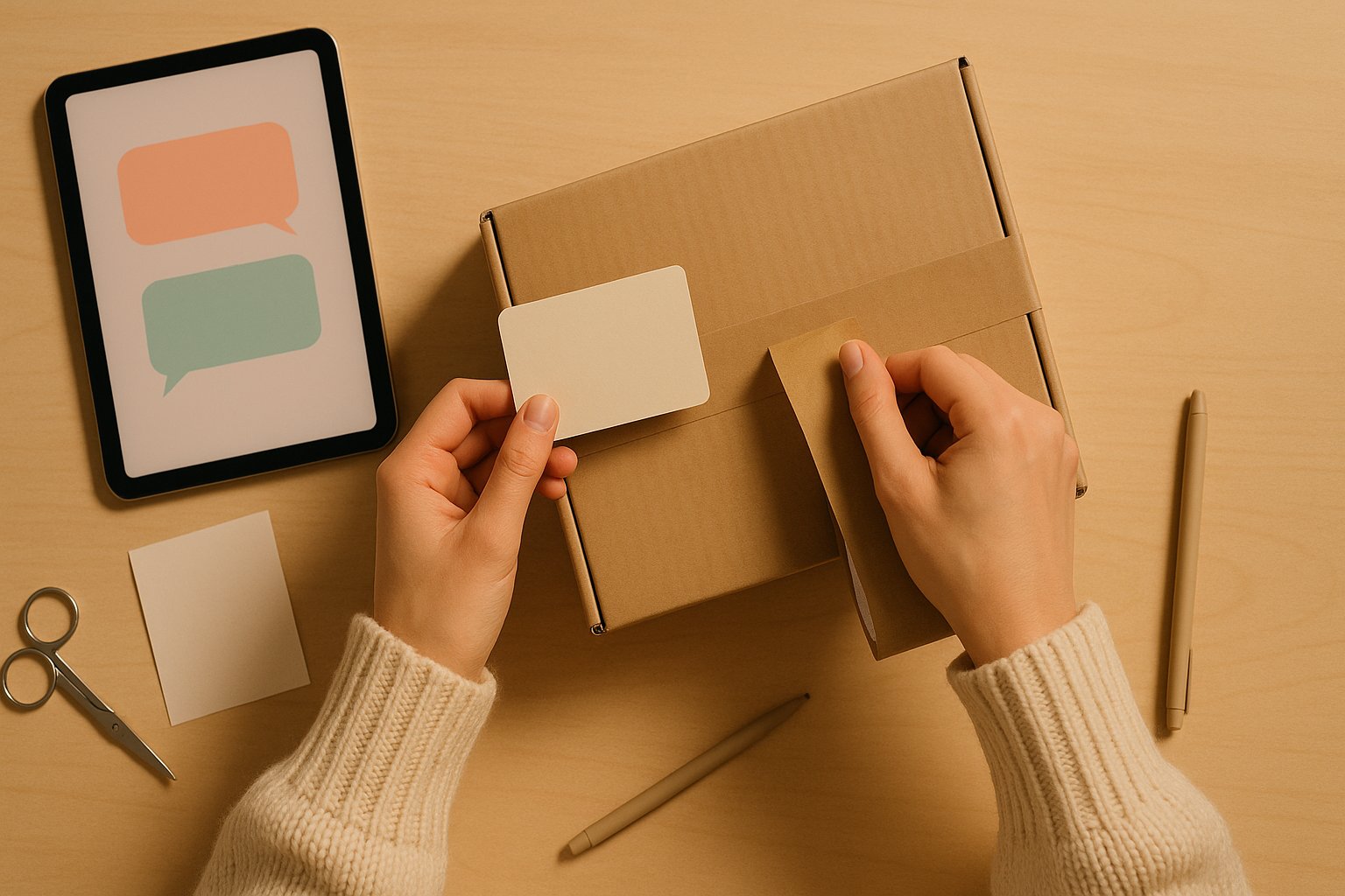 Hands preparing an after-sales return parcel with a blank label and a tablet showing empty chat bubbles