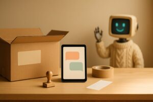 After-sales chatbot: service desk scene with a return parcel and a chat tablet, small Botnation robot mascot in the background
