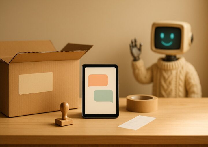 Chatbot SAV : scène de service après-vente avec colis de retour et tablette de chat, robot mascotte Botnation en arrière-plan