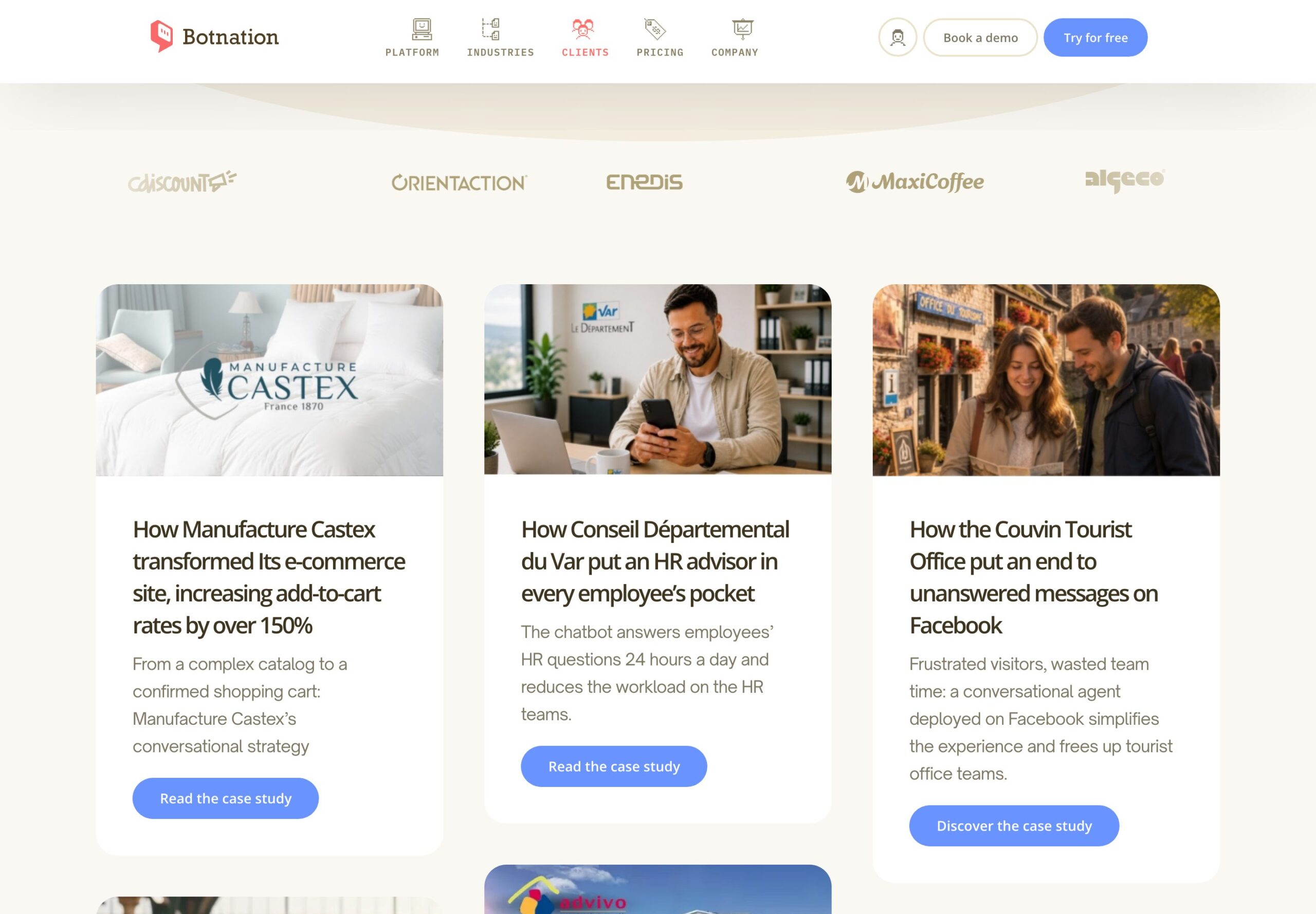 Botnation clients page: companies share their chatbot experience