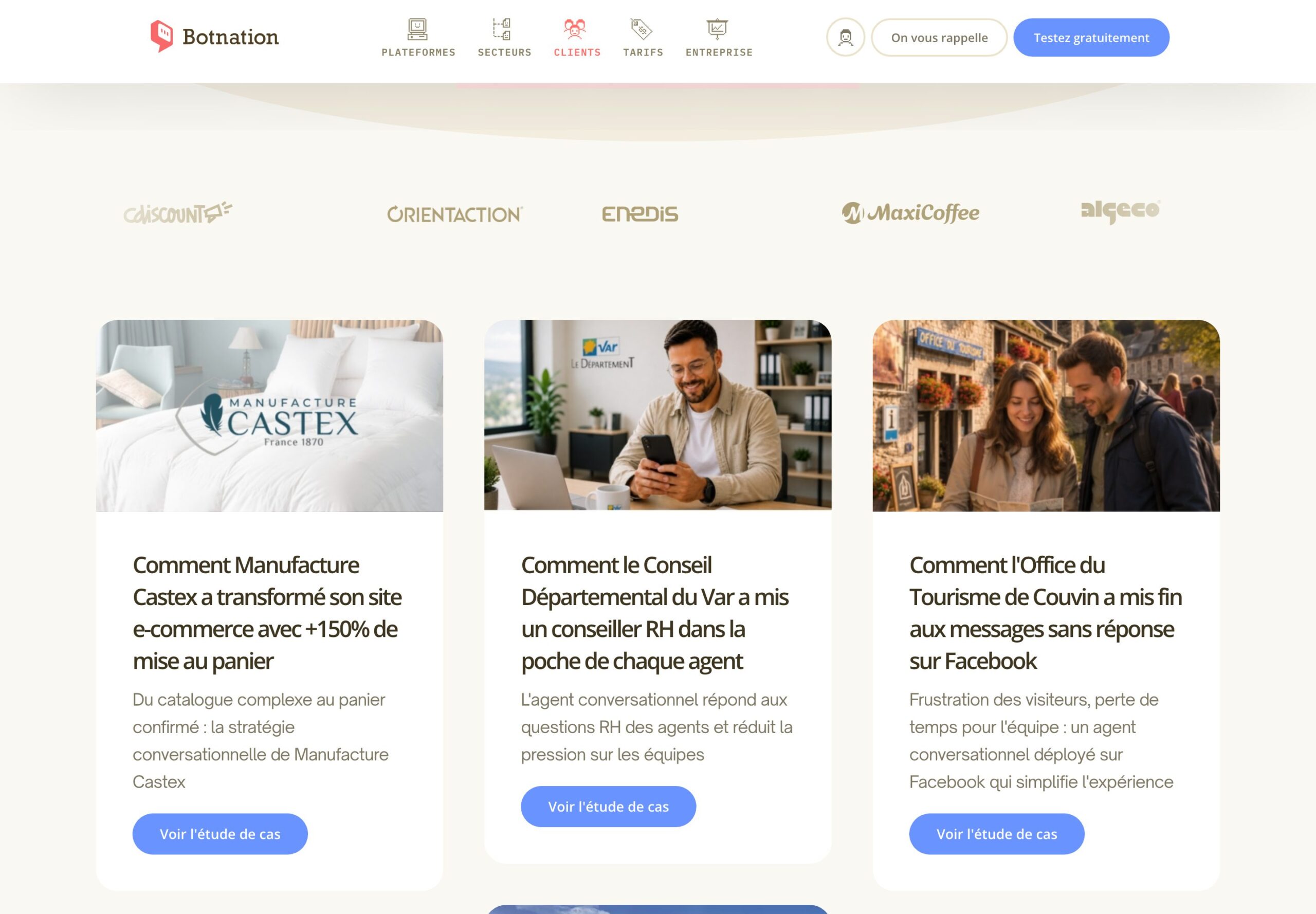 Page clients de Botnation : des entreprises témoignent de leur usage du chatbot