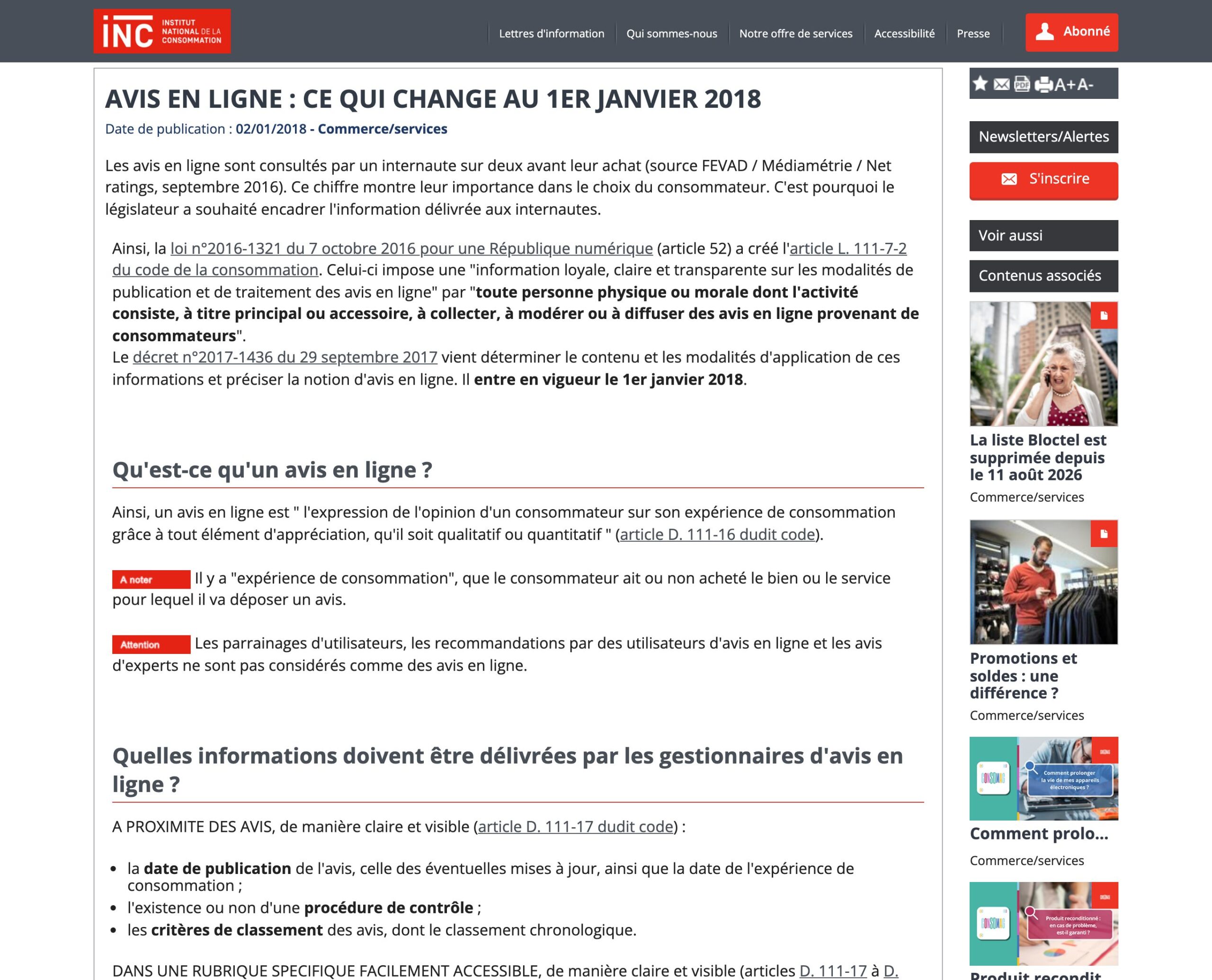 Fiche de l’Institut national de la consommation sur les obligations d’information relatives aux avis en ligne depuis le 1er janvier 2018