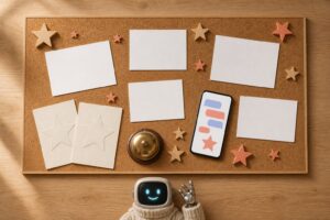 Mur d'avis clients : cartes vierges, étoiles en bois et corail, smartphone avec bulles de chat, mascotte Botnation en retrait