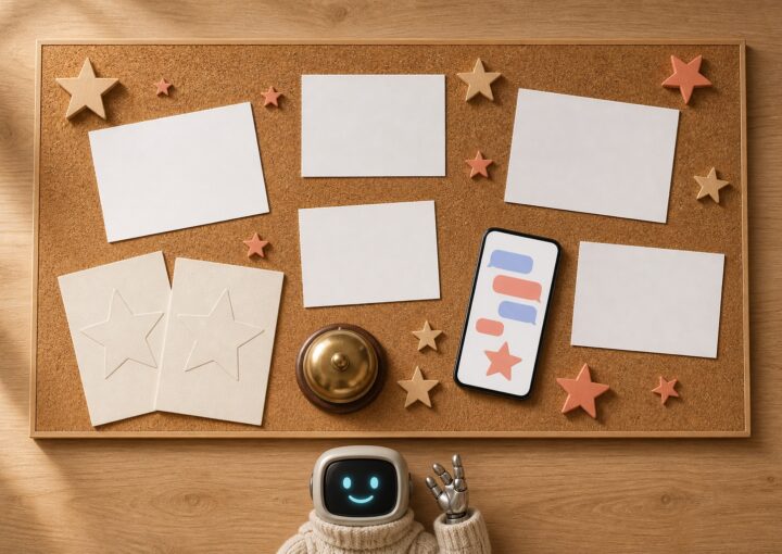 Mur d'avis clients : cartes vierges, étoiles en bois et corail, smartphone avec bulles de chat, mascotte Botnation en retrait