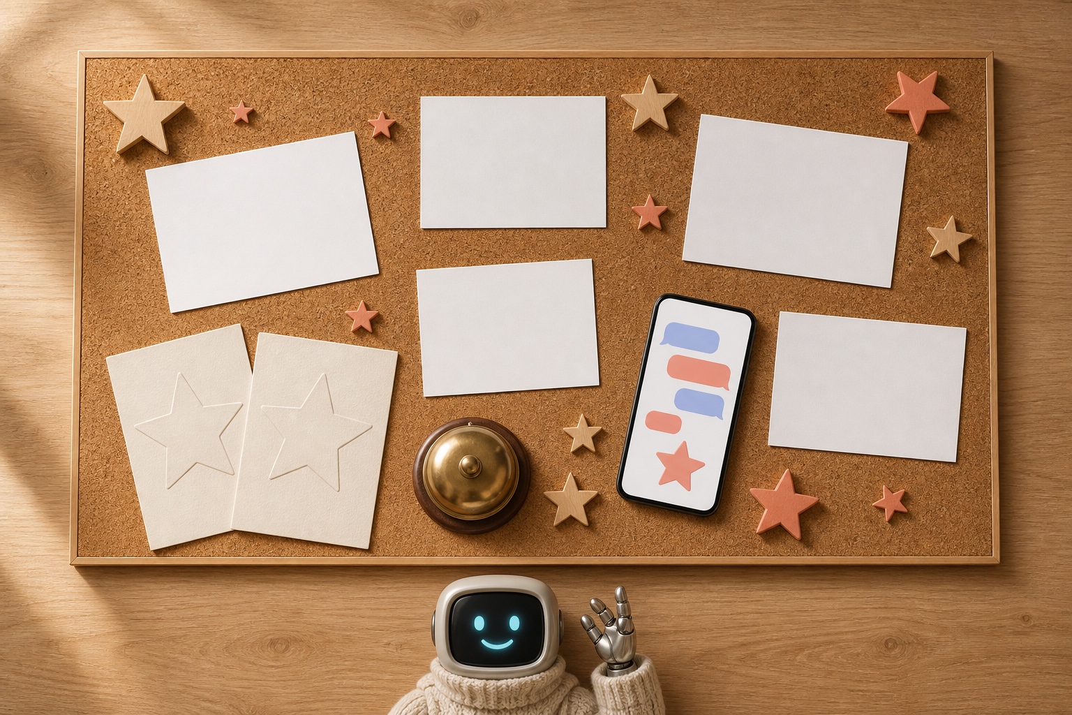Mur d'avis clients : cartes vierges, étoiles en bois et corail, smartphone avec bulles de chat, mascotte Botnation en retrait